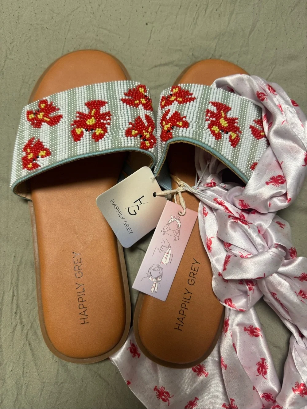 Happily Grey Women's Red Beaded Floral Slide Sandals